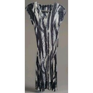 Komarov Pleated Midi Dress Black White Abstract Print Women's Size L NWT USA